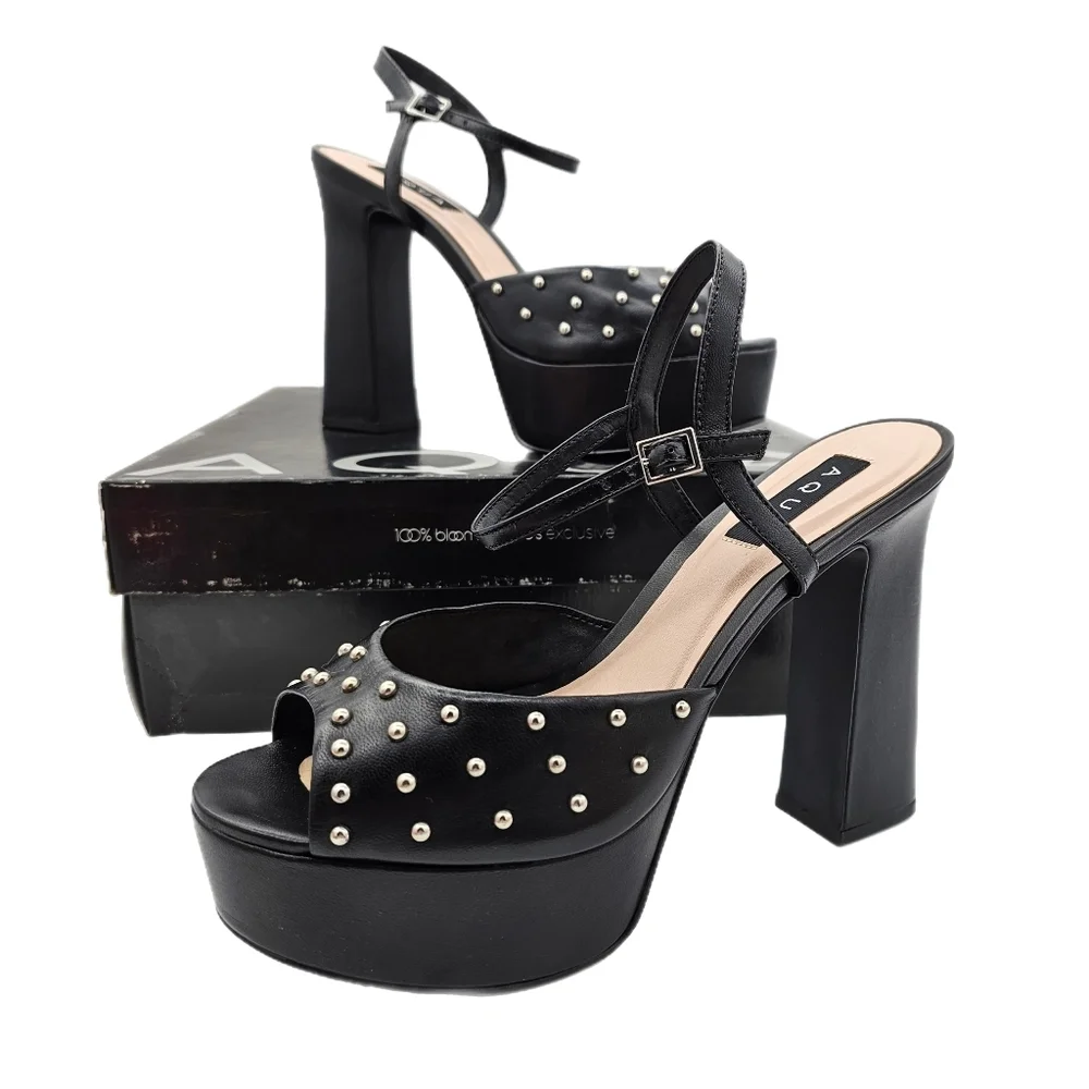 Aqua Women's Cullen High Heel Platform Sandals Studded Peep Toe Black Size 10